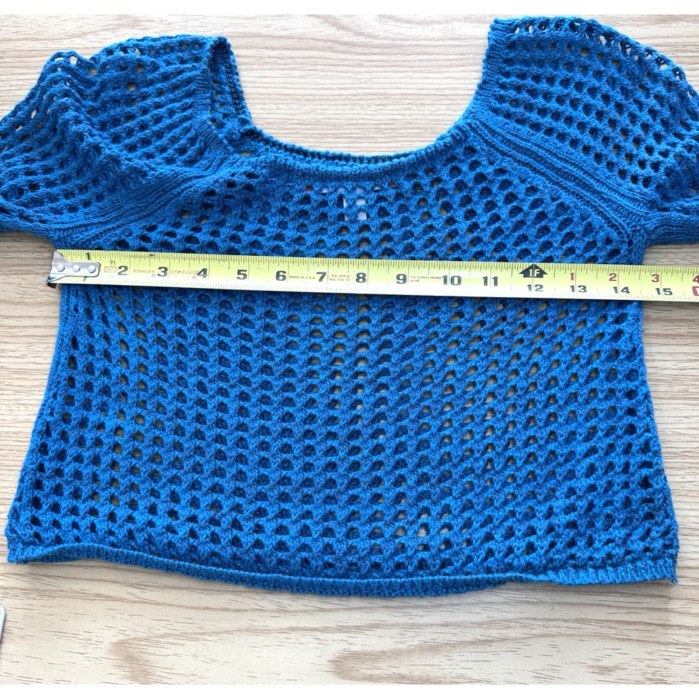 Urban Outfitters Blue Crochet Crop Top Women M Open Knit Long Sleeve Y2K - Picture 6 of 7